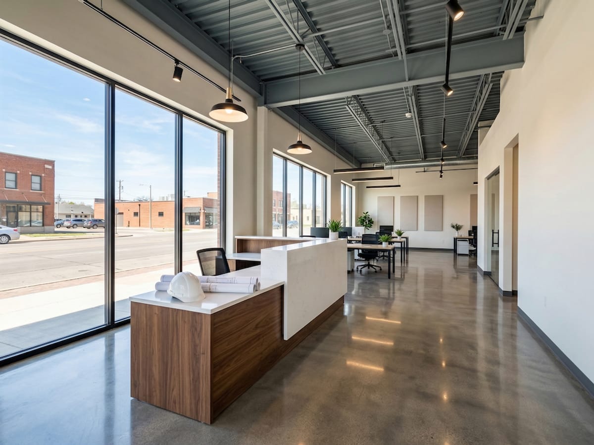 Finished commercial tenant build-out in Wichita with polished concrete floors and a custom walnut reception desk
