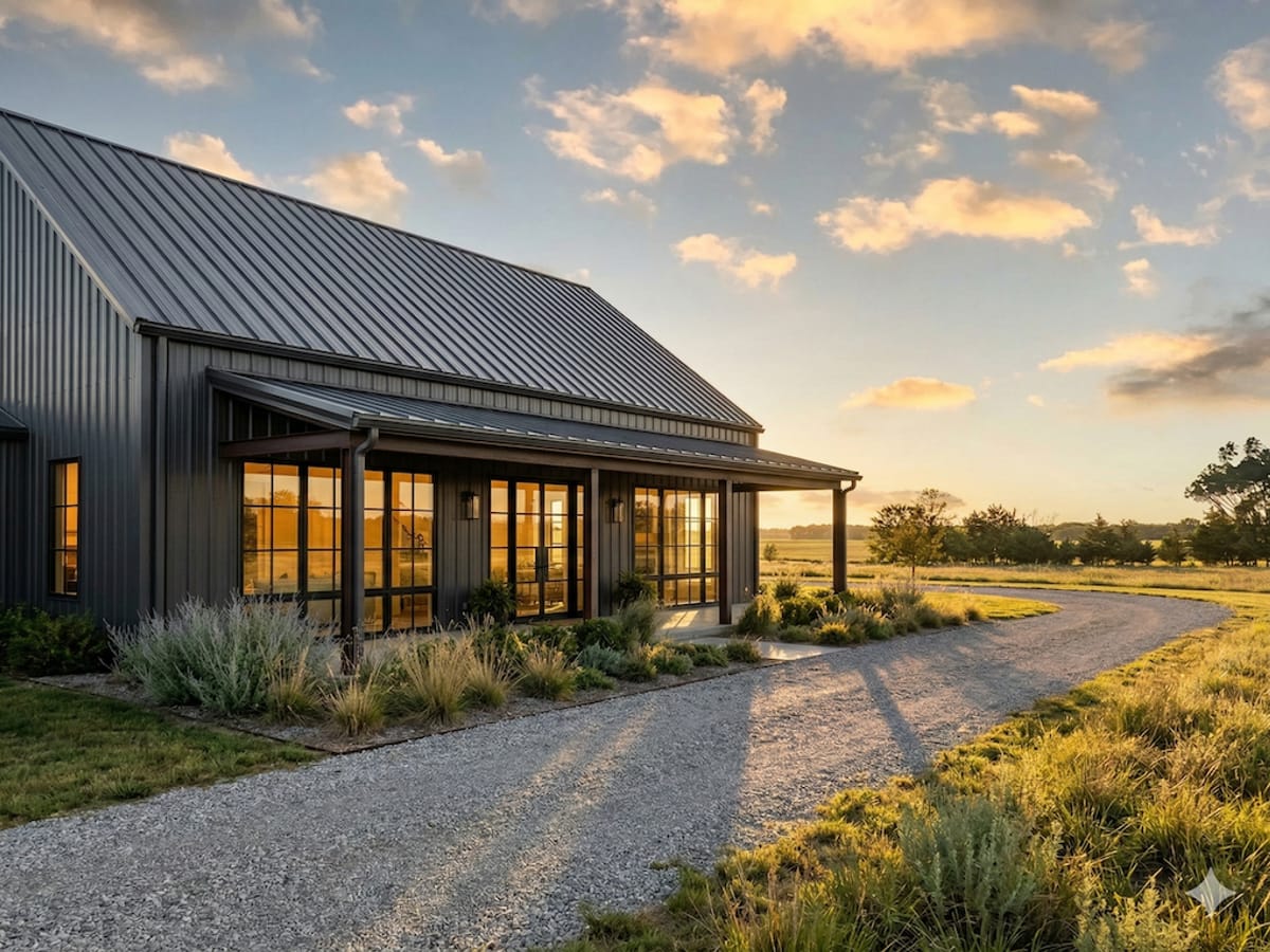 Completed custom home with a dark standing seam metal roof and covered porch on a Kansas property at golden hour