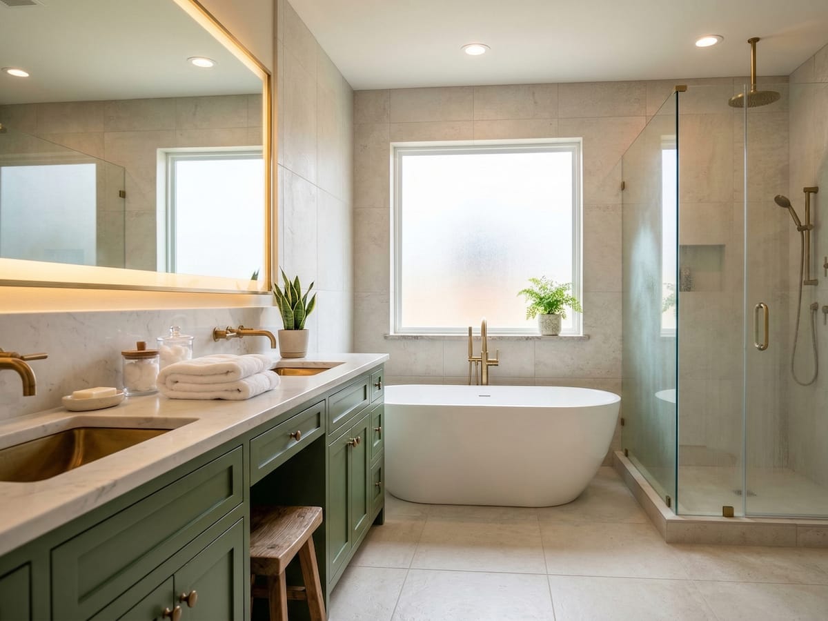 Remodeled primary bathroom with a freestanding tub, green painted double vanity, and frameless glass shower